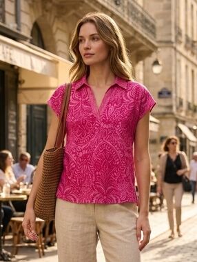Rachel Zoe Women's Boho Pink Floral Linen Short Sleeve Shirt Size Large